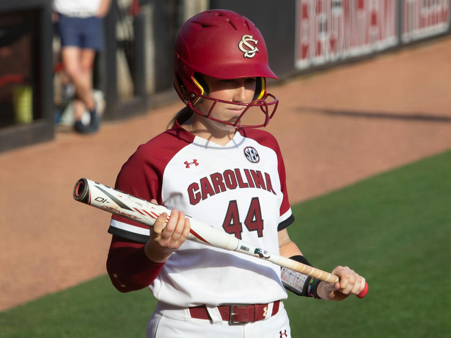 Sophomore infielder Emma Sellers prepares to bat against Charleston Southern on April 19, 2023. The Gamecocks beat the Buccaneers for the second time in the day, winning 11-2 after five innings. &nbsp;