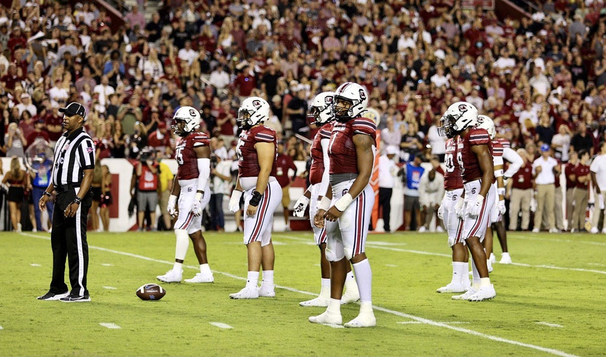 The Gamecock defense gets ready for the next play in the game against Kentucky on Sept. 25, 2021.