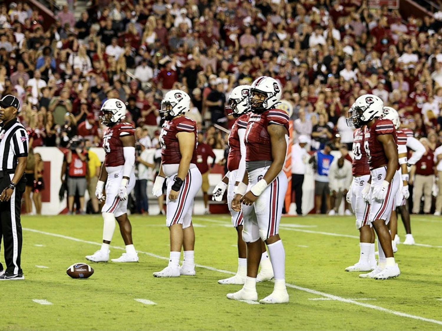 The Gamecock defense gets ready for the next play in the game against Kentucky on Sept. 25, 2021.