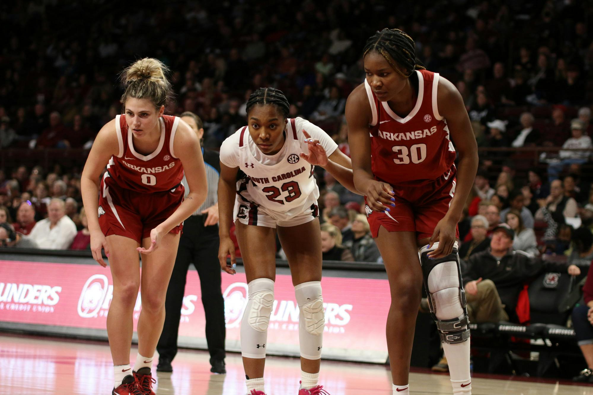 Sophomore guard Bree Hall prepares to box out her opponents on Jan. 22, 2023. The Gamecocks defeated Arkansas 92-46.&nbsp;