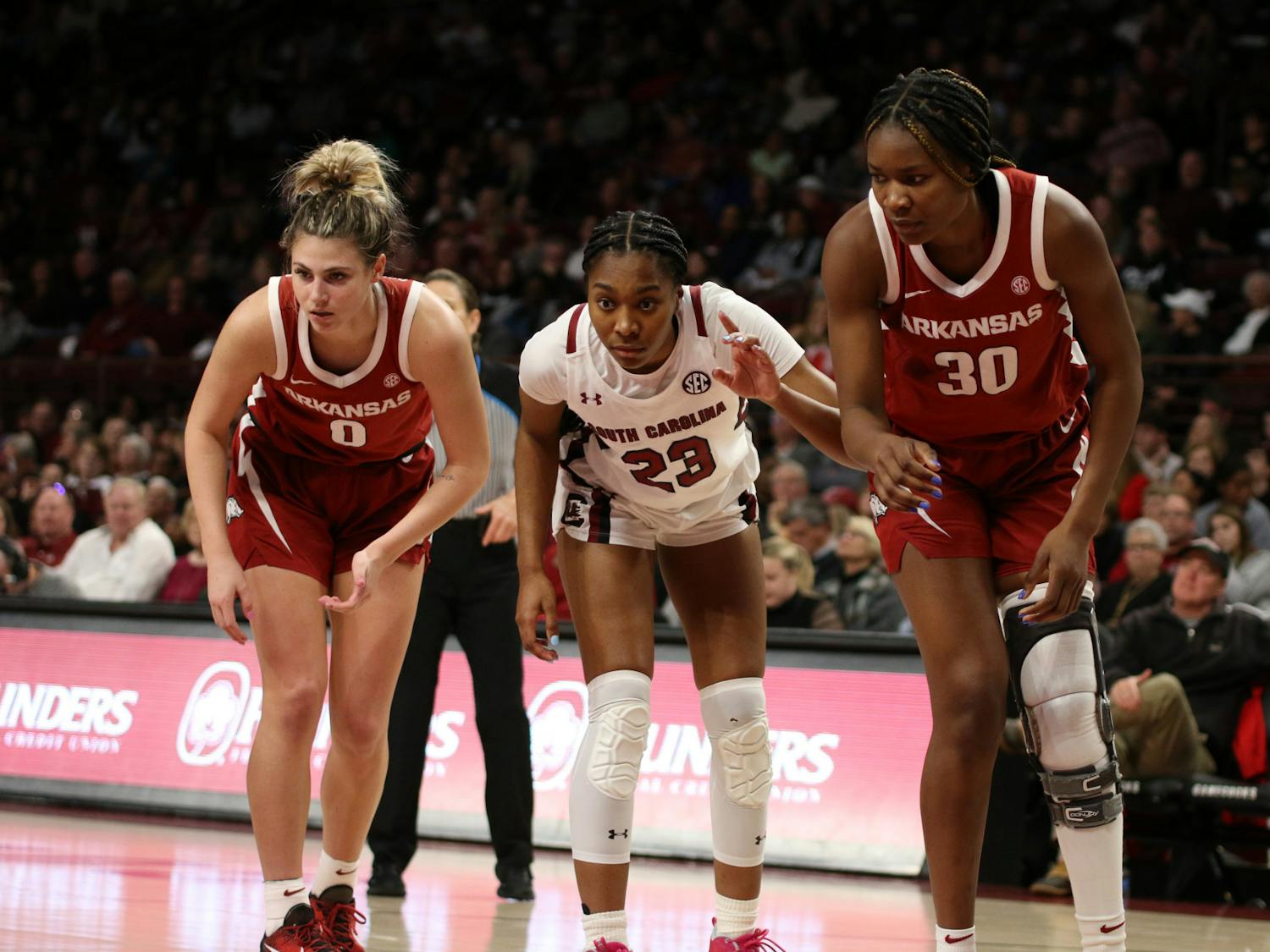 Sophomore guard Bree Hall prepares to box out her opponents on Jan. 22, 2023. The Gamecocks defeated Arkansas 92-46.&nbsp;