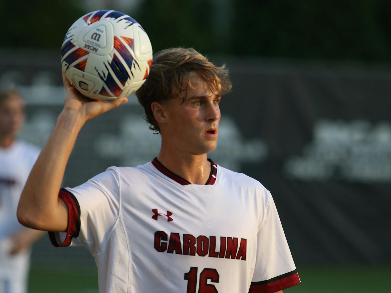 Freshman Christiano Bruletti looking for an open teammate during the South Carolina's match versus Clemson on Sep. 2, 2022.