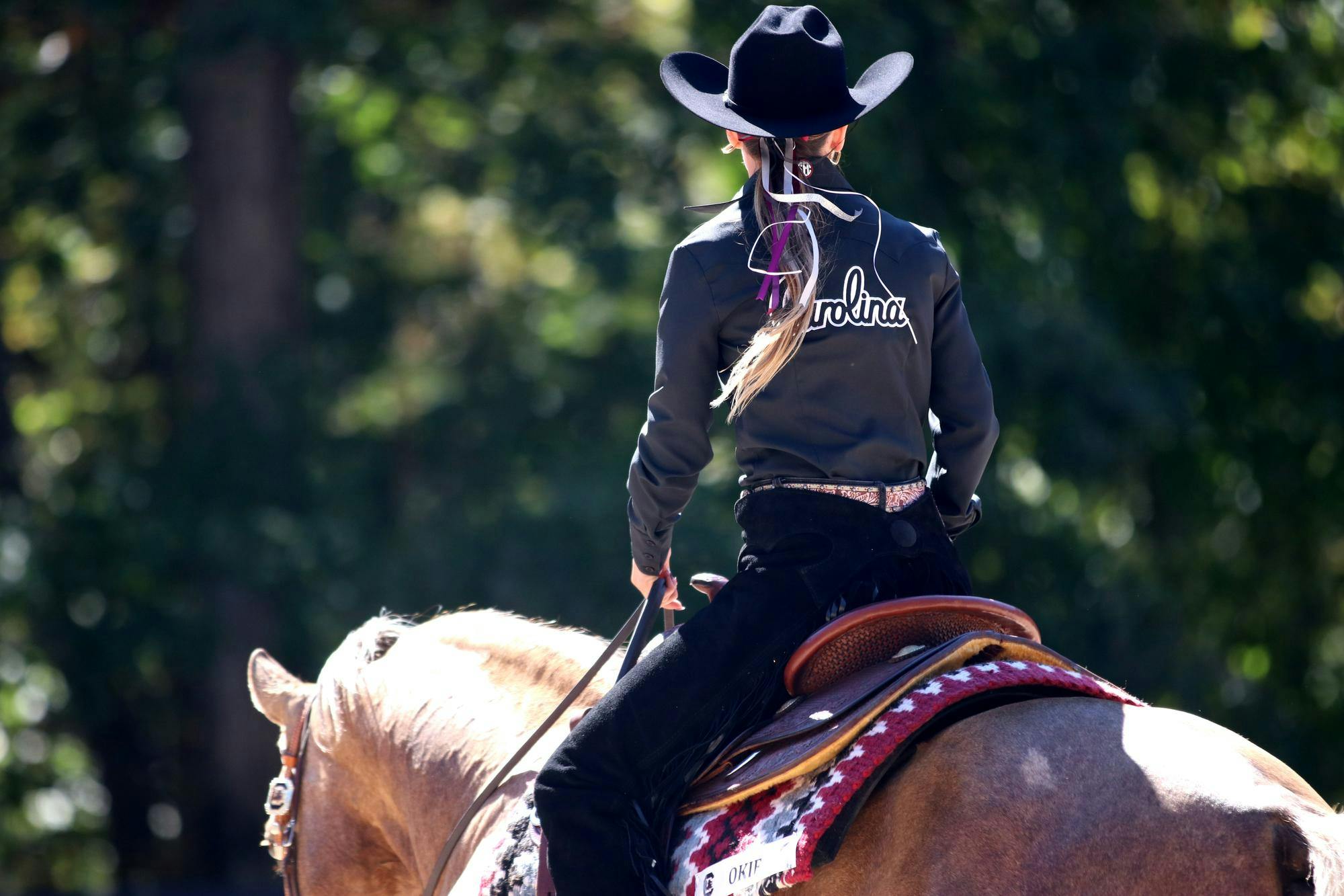 Reining sophomore Gracie Mae Stingle rides Okie in the first half of the reining division against Texas A&amp;M at One Wood Farm on Oct. 17, 2025. Stingle scored a 67.25 with her ride, beating Texas A&amp;M rider reining fifth-year Mattie Gustin by 0.75.