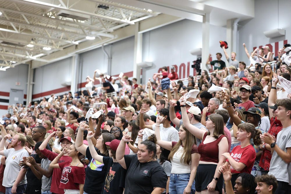 <p>Gameock Volleyball plays Campbell at home on Saturday, August 30, 2025. The Gamecock fans cheer on the team waving towels and chanting the sandstorm anthem.</p>