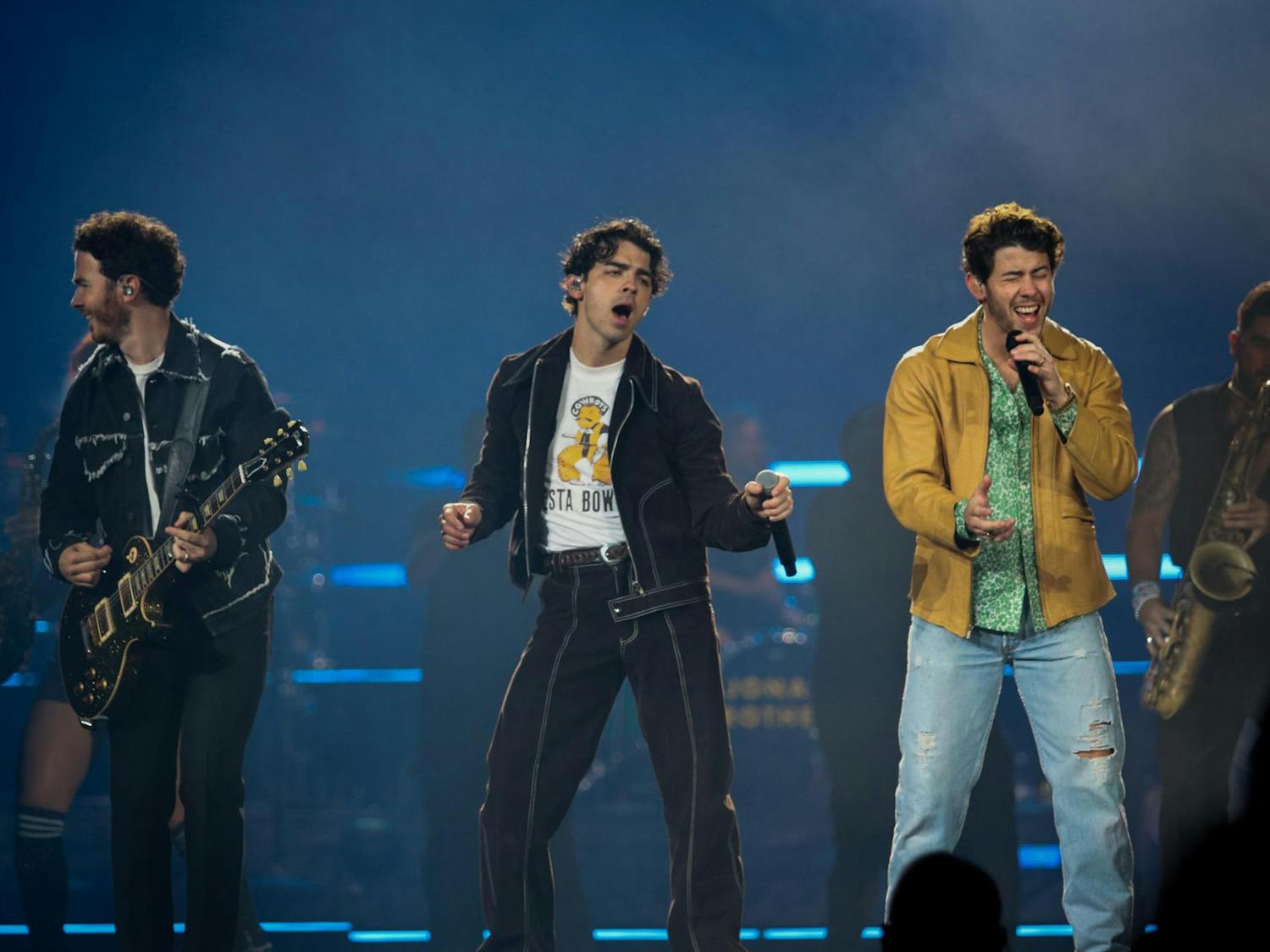 Kevin Jonas (left), Joe Jonas (center) and Nick Jonas (right) perform the opening song "Celebrate!" at Colonial Life Arena on Oct. 10, 2023. The Tour marks the Jonas Brothers 12th tour as a band.