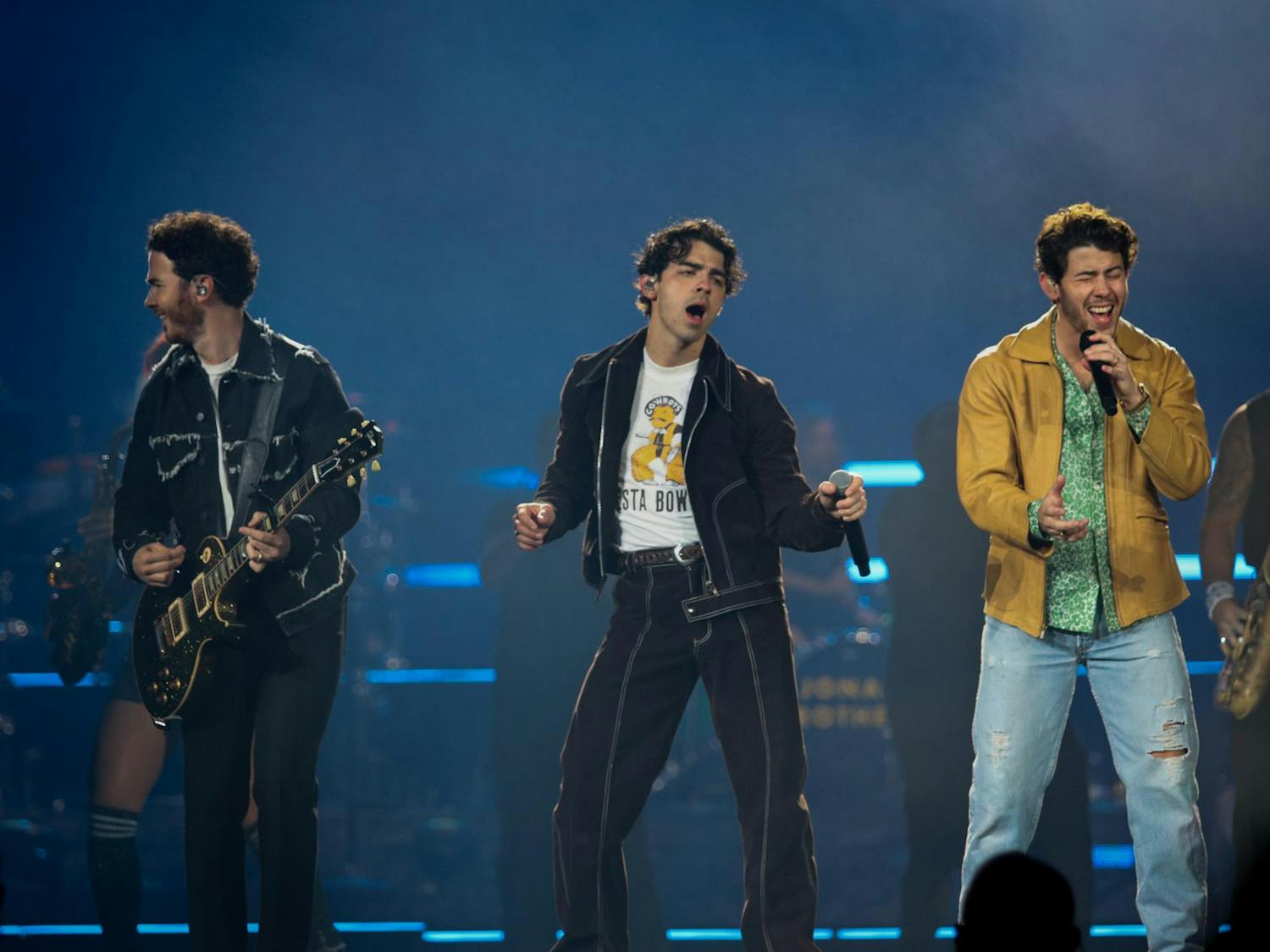 Kevin Jonas (left), Joe Jonas (center) and Nick Jonas (right) perform the opening song "Celebrate!" at Colonial Life Arena on Oct. 10, 2023. The Tour marks the Jonas Brothers 12th tour as a band.