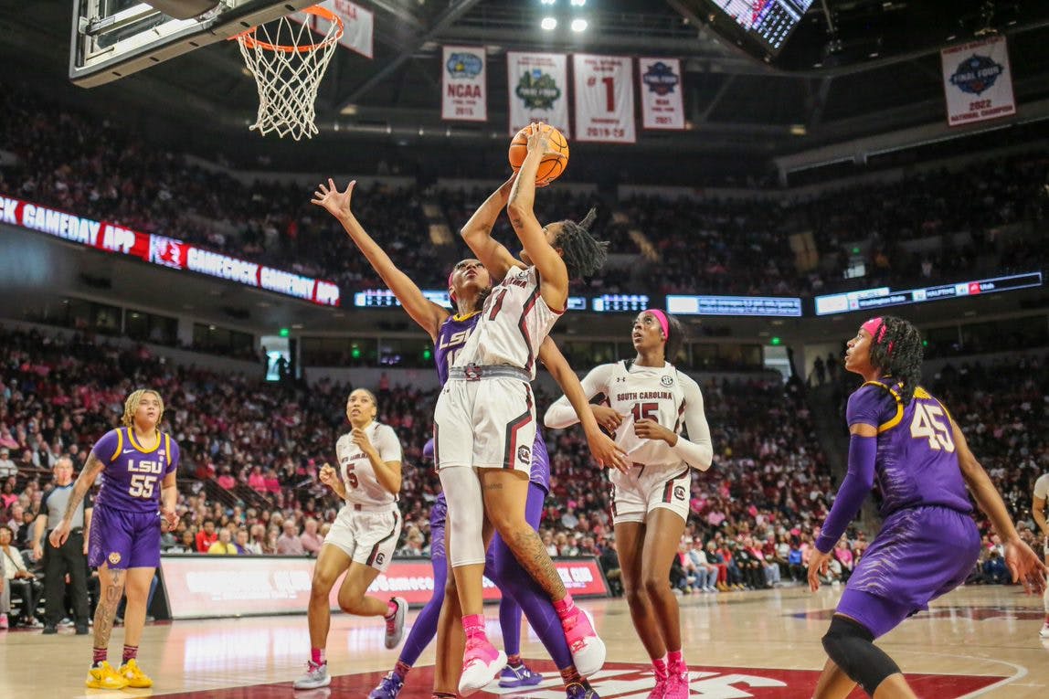 File — Graduate student guard Kierra Fletcher sets up for a shot during South Carolina’s game against LSU at Colonial Life Arena on Feb. 12, 2023. The Gamecocks beat the Tigers 88-64.