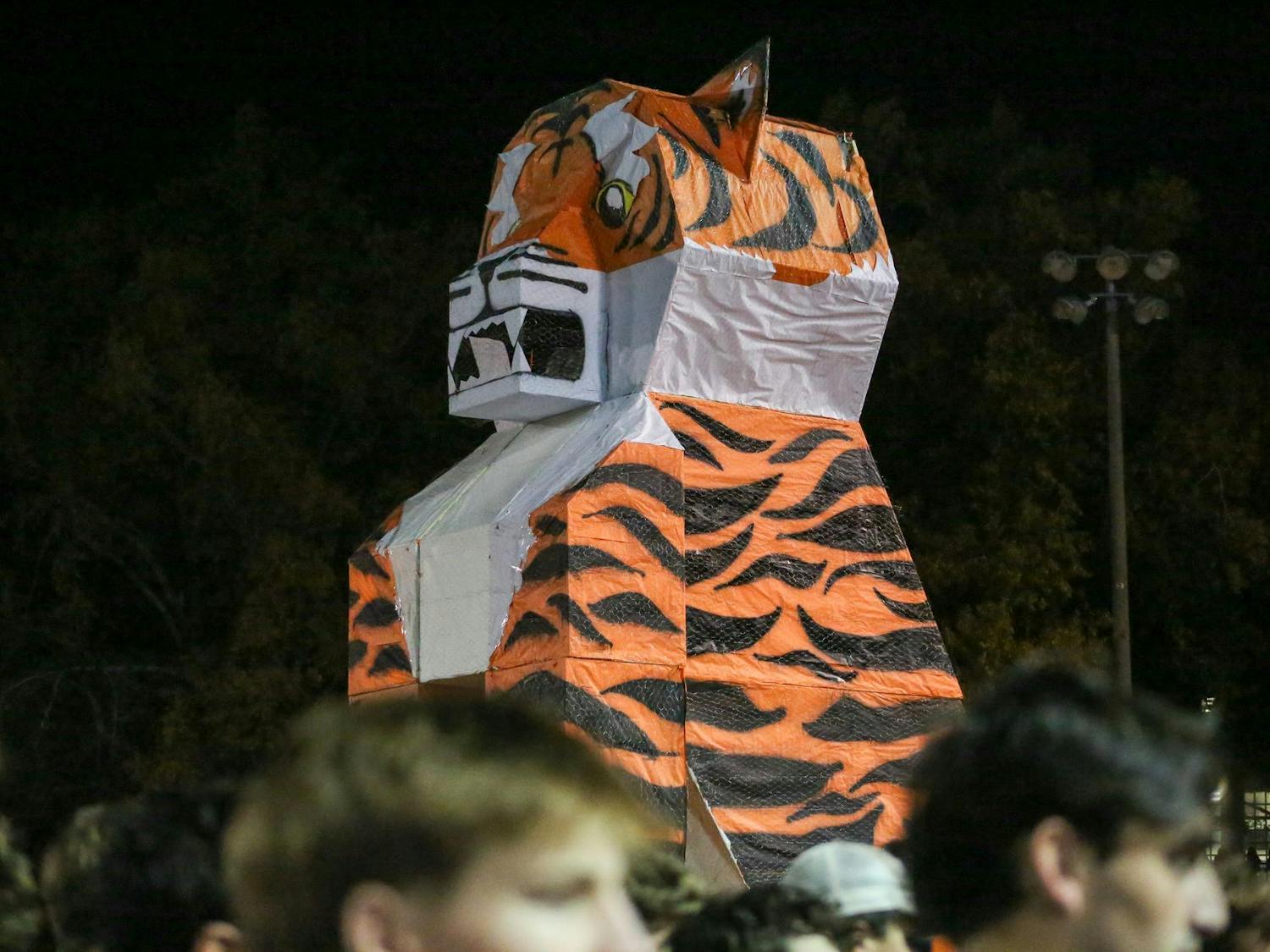 The tiger statue stands before the start of the annual Tiger Burn event at Blatt Field on Nov. 19, 2025. The statue was built over the course of several weeks by students in South Carolina's chapter of The American Society of Mechanical Engineers.