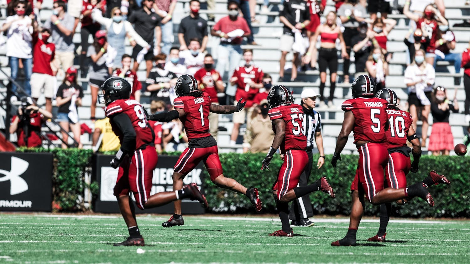 Gamecock defensive players celebrate during the game against the Auburn Tigers. The Gamecocks won 30-22 at home against the Tigers on Saturday, Oct. 17.
