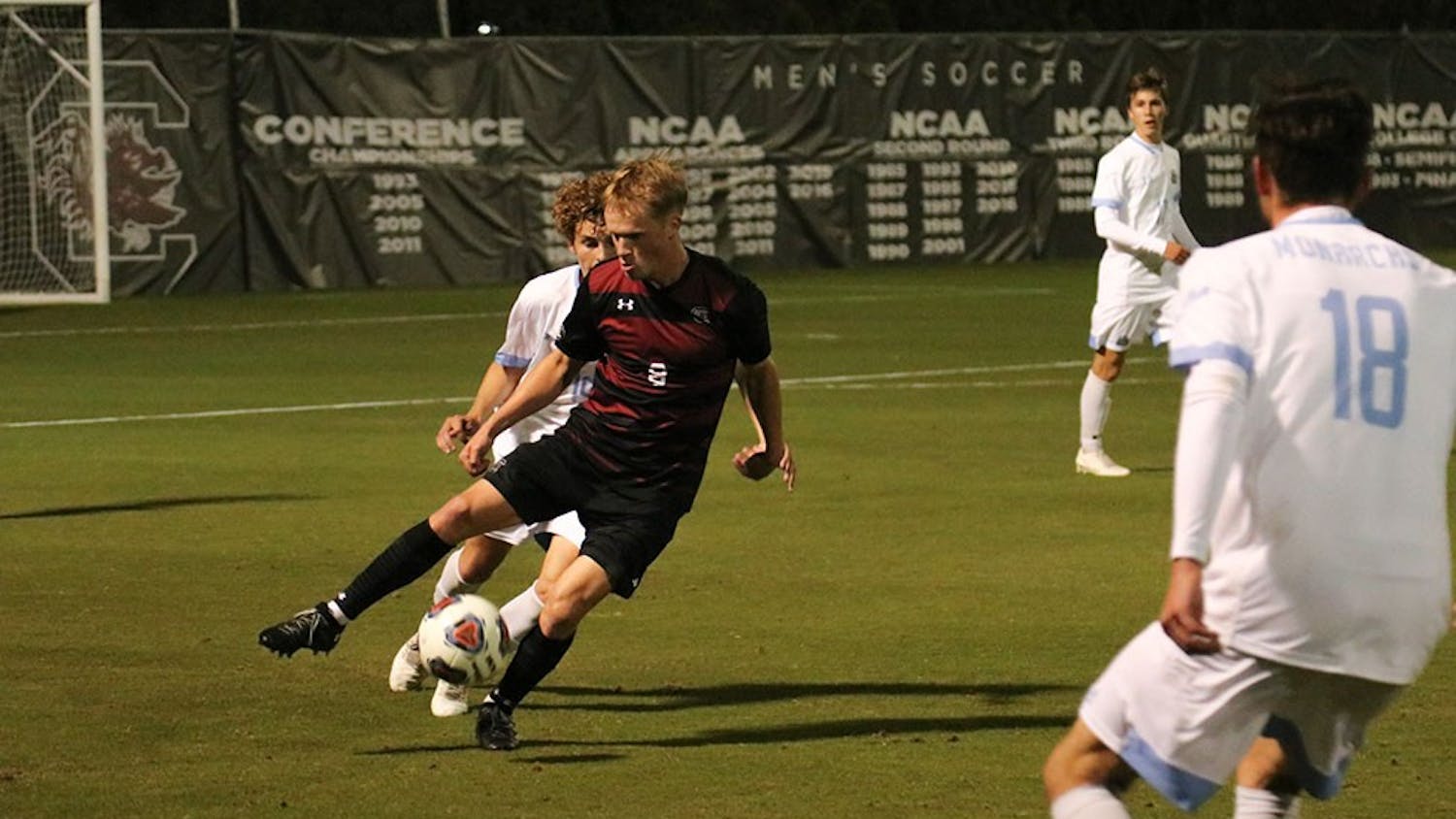 Graduate midfielder Jared Gulden keeps possession to head toward the goal against Old Dominion on Nov. 5. The Gamecocks lost 3-2 to the Monarchs in their last regular season game of the year.