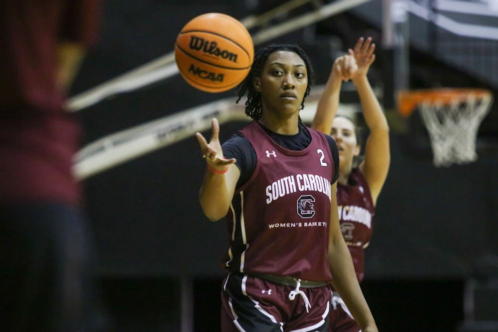 <p>FILE— Freshman forward Ashlyn Watkins in the middle of a drill at the end of the first South Carolina women's basketball practice of the season on Sep. 28, 2022. Watkins had an impressive showing against Clemson scoring 14-points against their rivals.</p>