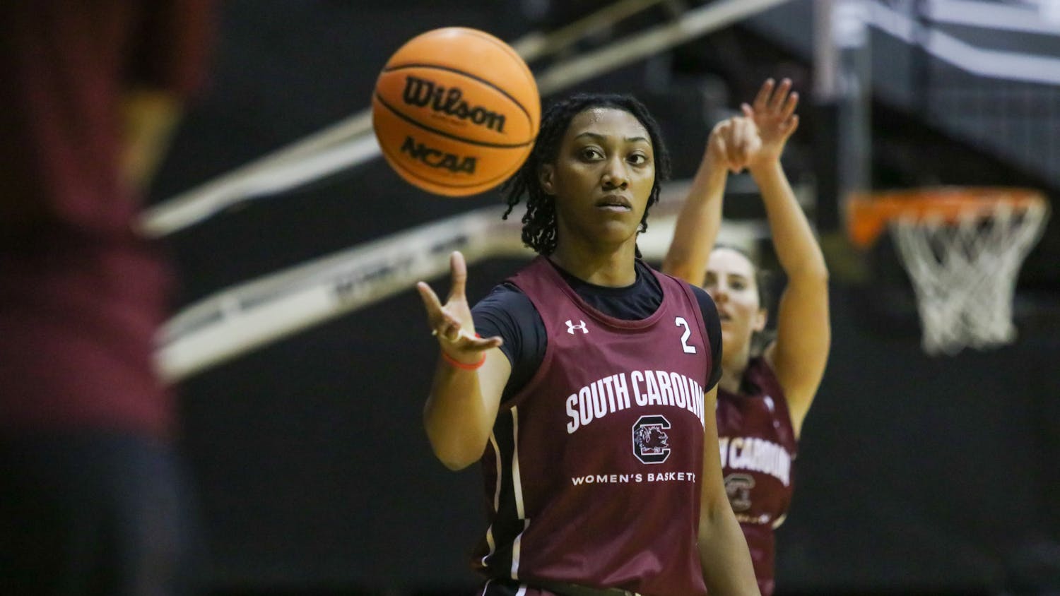FILE— Freshman forward Ashlyn Watkins in the middle of a drill at the end of the first South Carolina women's basketball practice of the season on Sep. 28, 2022. Watkins had an impressive showing against Clemson scoring 14-points against their rivals.