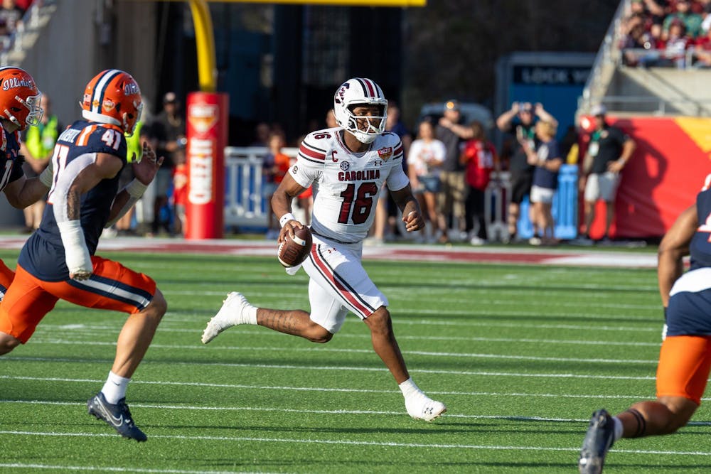 <p>FILE – Redshirt freshman quarterback LaNorris Sellers looks for a receiver downfield during the Cheez-It Citrus Bowl on Dec. 31, 2024 at Camping World Stadium. Sellers was named FWAA National Freshman Offensive Player of the Year after helping lead the Gamecocks to a 9-4 season.</p>