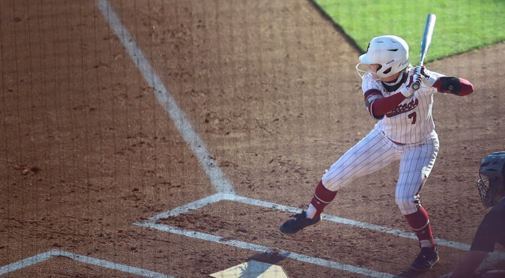 <p>FILE — Softball player Mackenzie Boesel, who has since graduated, gets in batter's position at home plate on April 4, 2021. The softball team readies itself for the upcoming season.&nbsp;</p>