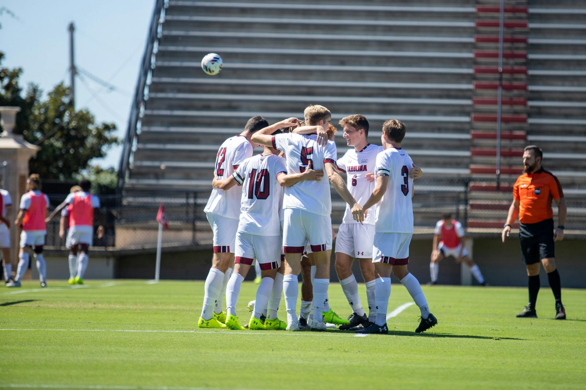 Freshman midfielder Cristiano Bruletti congratulated by teammates for his winning goal over Georgia Southern on Saturday, Sept. 24th, 2022.&nbsp;&nbsp;