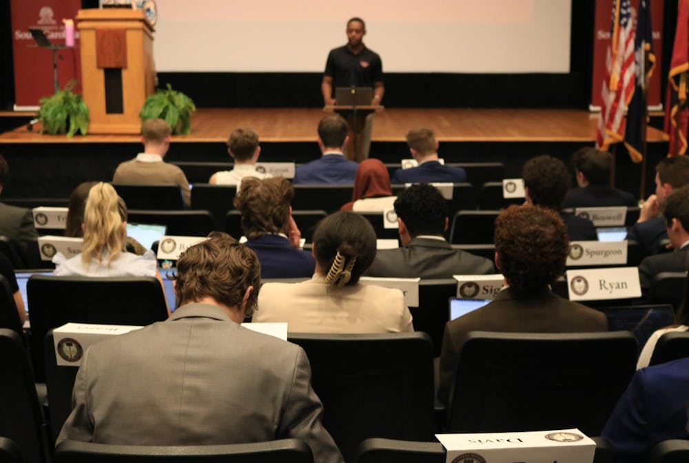 <p>Vice President Jordan Richardson addresses the student senate on Wednesday, Feb. 18, 2026. Senate passed recommendations for implementation of a student-run emergency medical service on campus, as well as healthcare vending machines.</p>