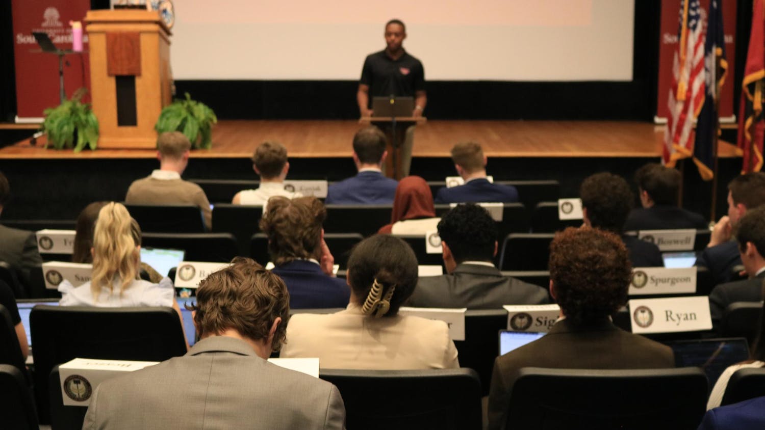 Vice President Jordan Richardson addresses the student senate on Wednesday, Feb. 18, 2026. Senate passed recommendations for implementation of a student-run emergency medical service on campus, as well as healthcare vending machines.