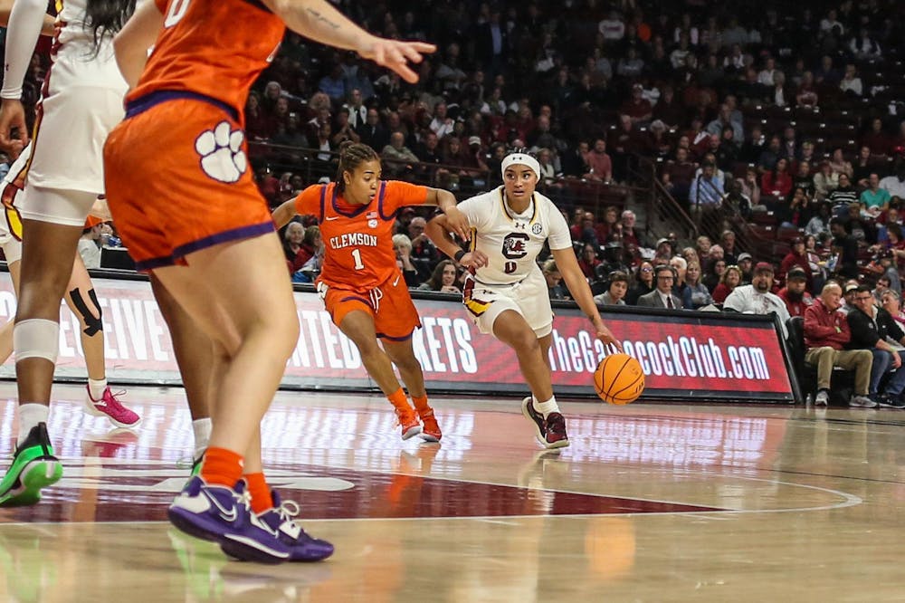<p>FILE - Senior guard Te-Hina Paopao drives the ball up the lane during South Carolina’s game against Clemson at Colonial Life Arena on Nov. 16, 2023. Paopao is in her first season with the Gamecocks.</p>
