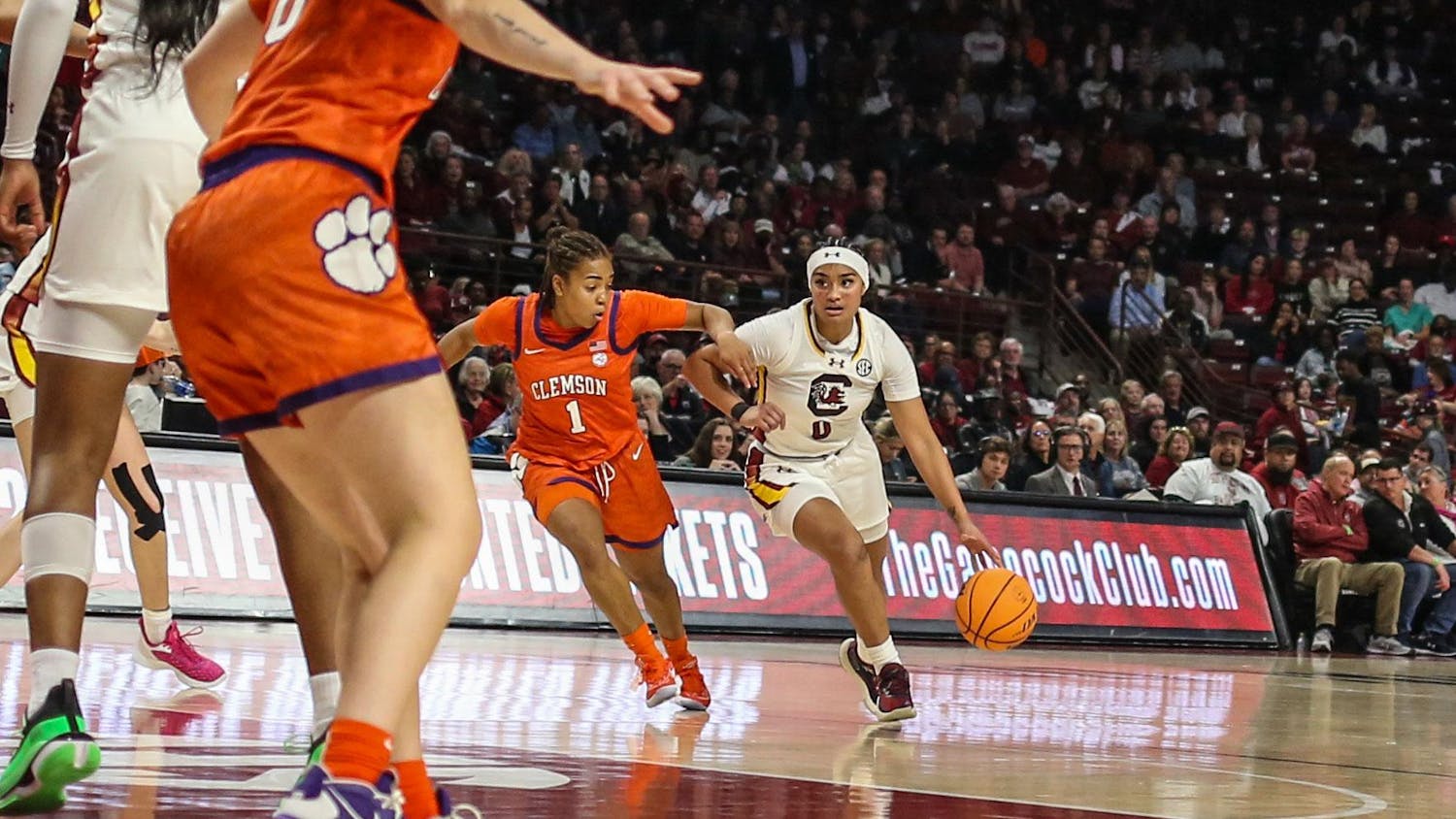 FILE - Senior guard Te-Hina Paopao drives the ball up the lane during South Carolina’s game against Clemson at Colonial Life Arena on Nov. 16, 2023. Paopao is in her first season with the Gamecocks.