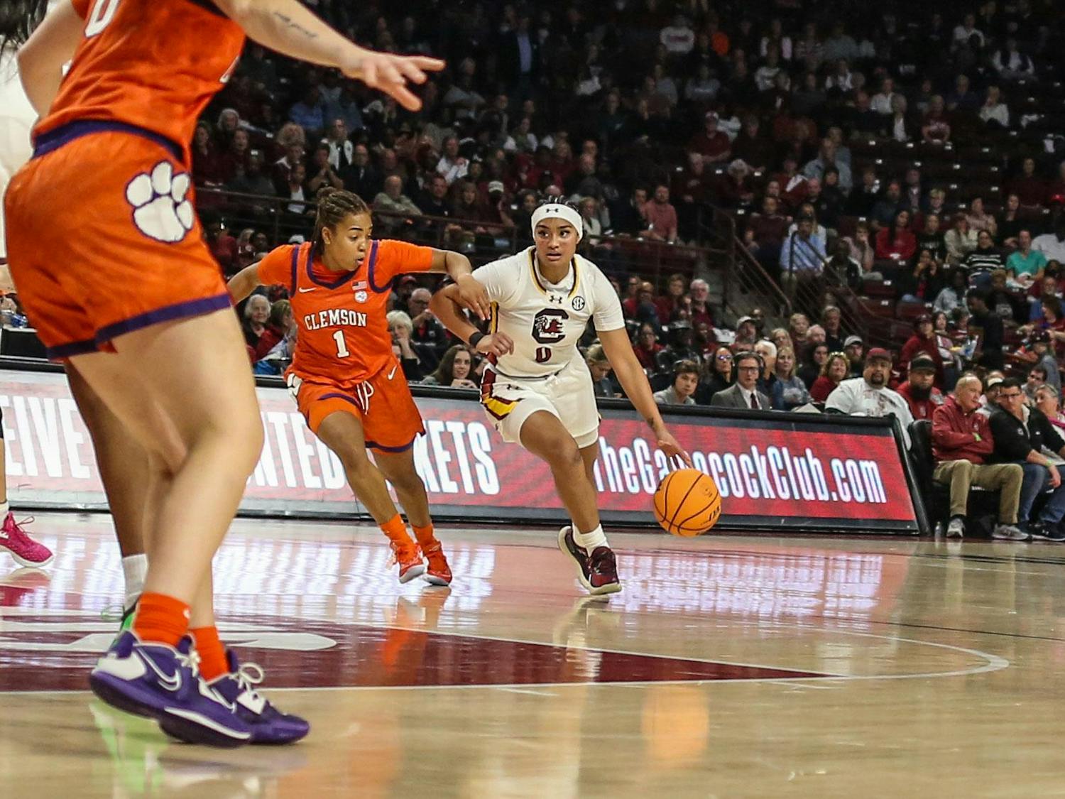 FILE - Senior guard Te-Hina Paopao drives the ball up the lane during South Carolina’s game against Clemson at Colonial Life Arena on Nov. 16, 2023. Paopao is in her first season with the Gamecocks.
