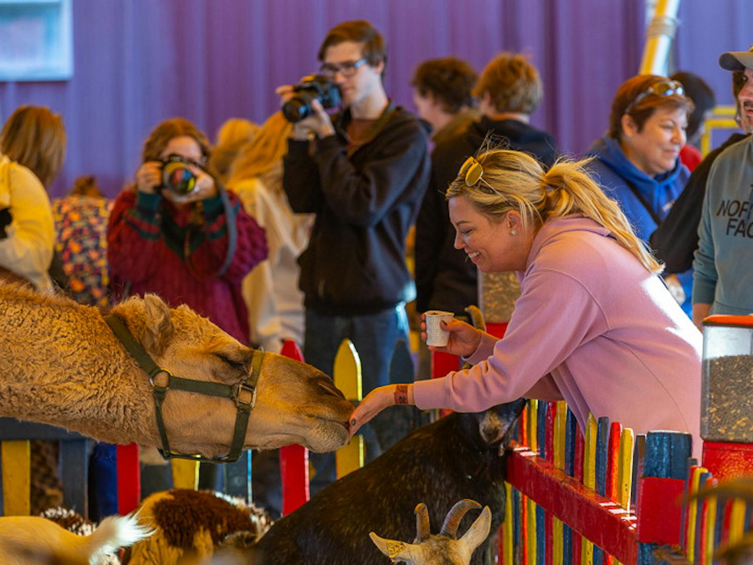Brittany Burnett, a 39-year-old Lexington resident, feeds one of the camels at the South Carolina State Fair petting zoo on Oct. 18, 2022. The S.C. State Fair petting zoo is a popular attraction for animal lovers, small children and several other members of the Columbia community.