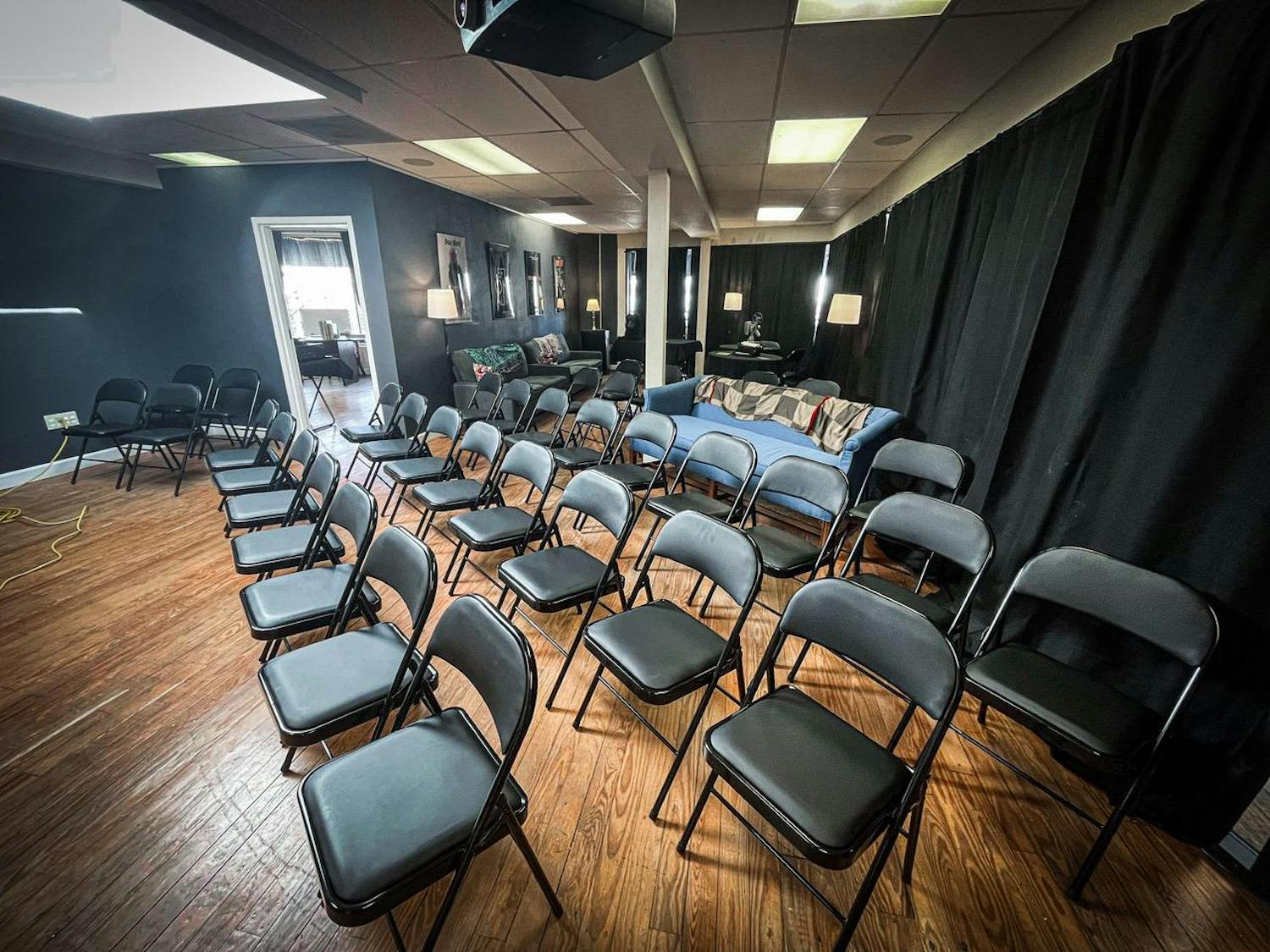An interior screening room and lounge are set up for viewers to watch movies at the Babylon Kino on Jan. 29, 2025. David Axe is the owner of Babylon Kino.