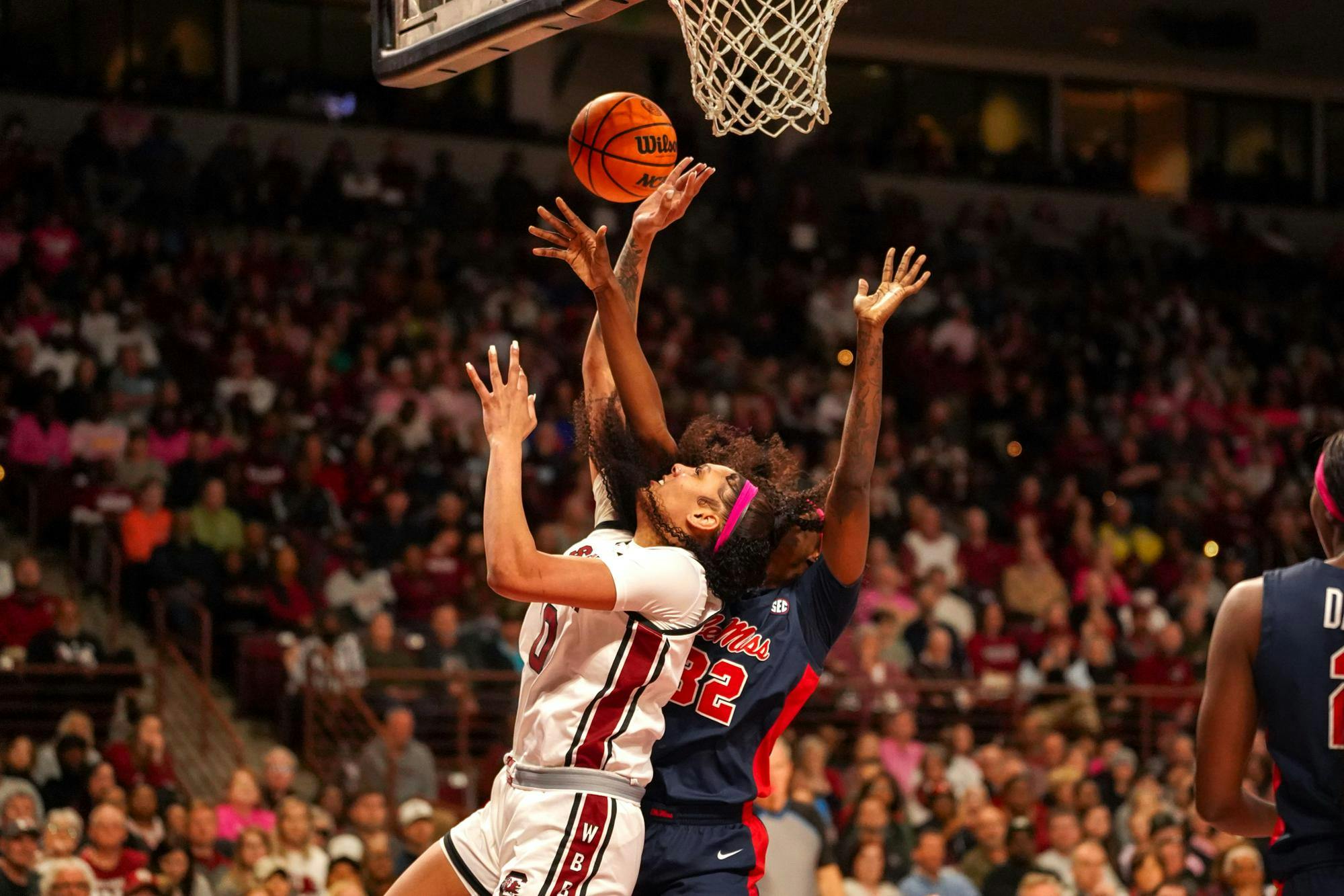 Senior center Kamilla Cardoso attempts a layup during the Gamecocks' 85-56 victory over the Ole Miss Rebels on Feb. 4, 2024. Cardoso led the team with 17 points and four blocks at Colonial Life Arena.