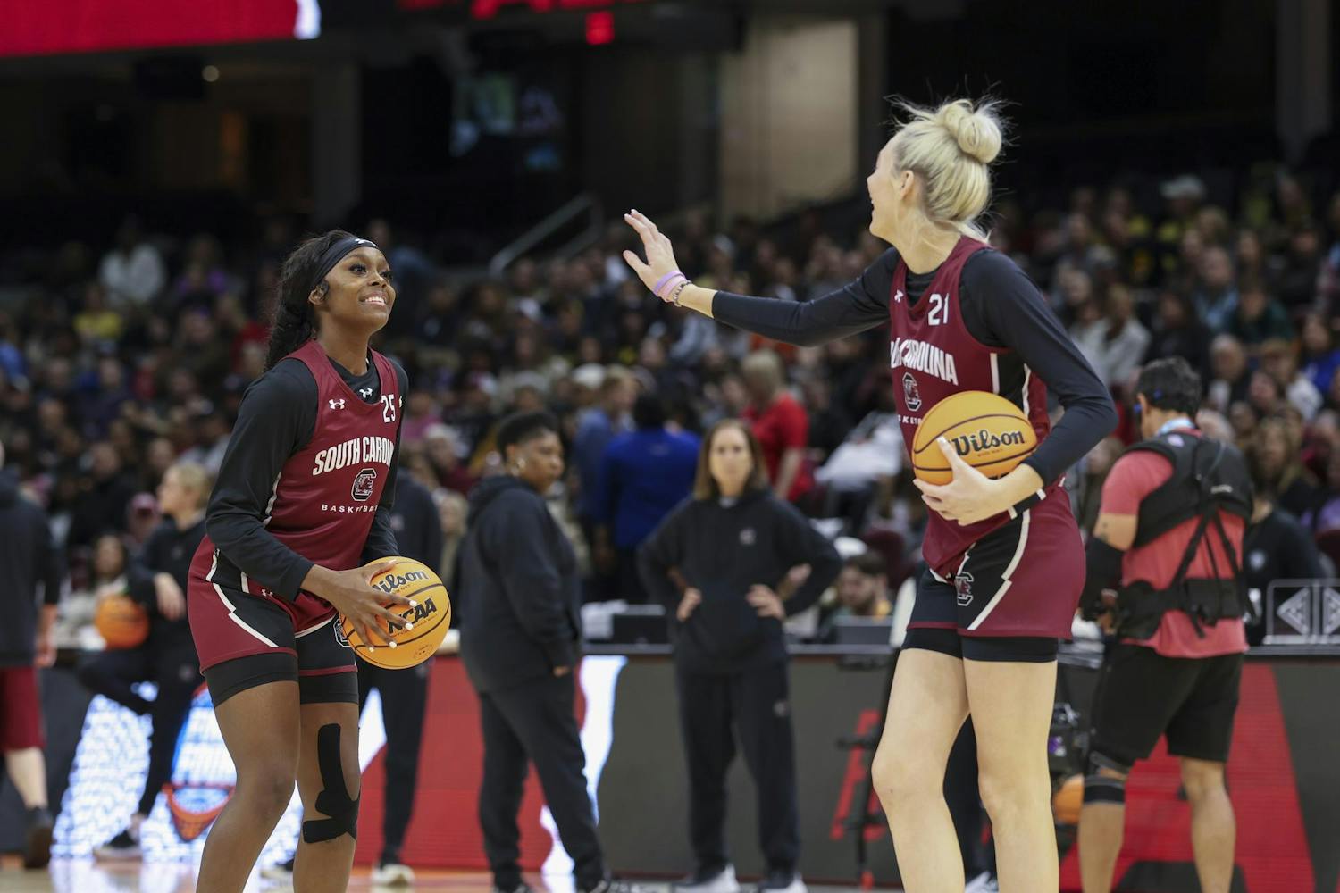 Sophomore guard Raven Johnson (left) prepares to shoot while sophomore forward Chloe Kitts (right) jokingly defends her during Super Saturday Practice. The Gamecocks were joking around with one another and dancing throughout the open practice on April 6, 2024.
