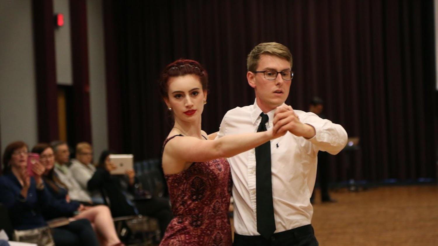 Sarah Stevens, fourth-year graphic design major, and Andrew Lopiano, fourth-year political science and English major, compete in the 13th annual Gamecock Invitational Ballroom Competition.