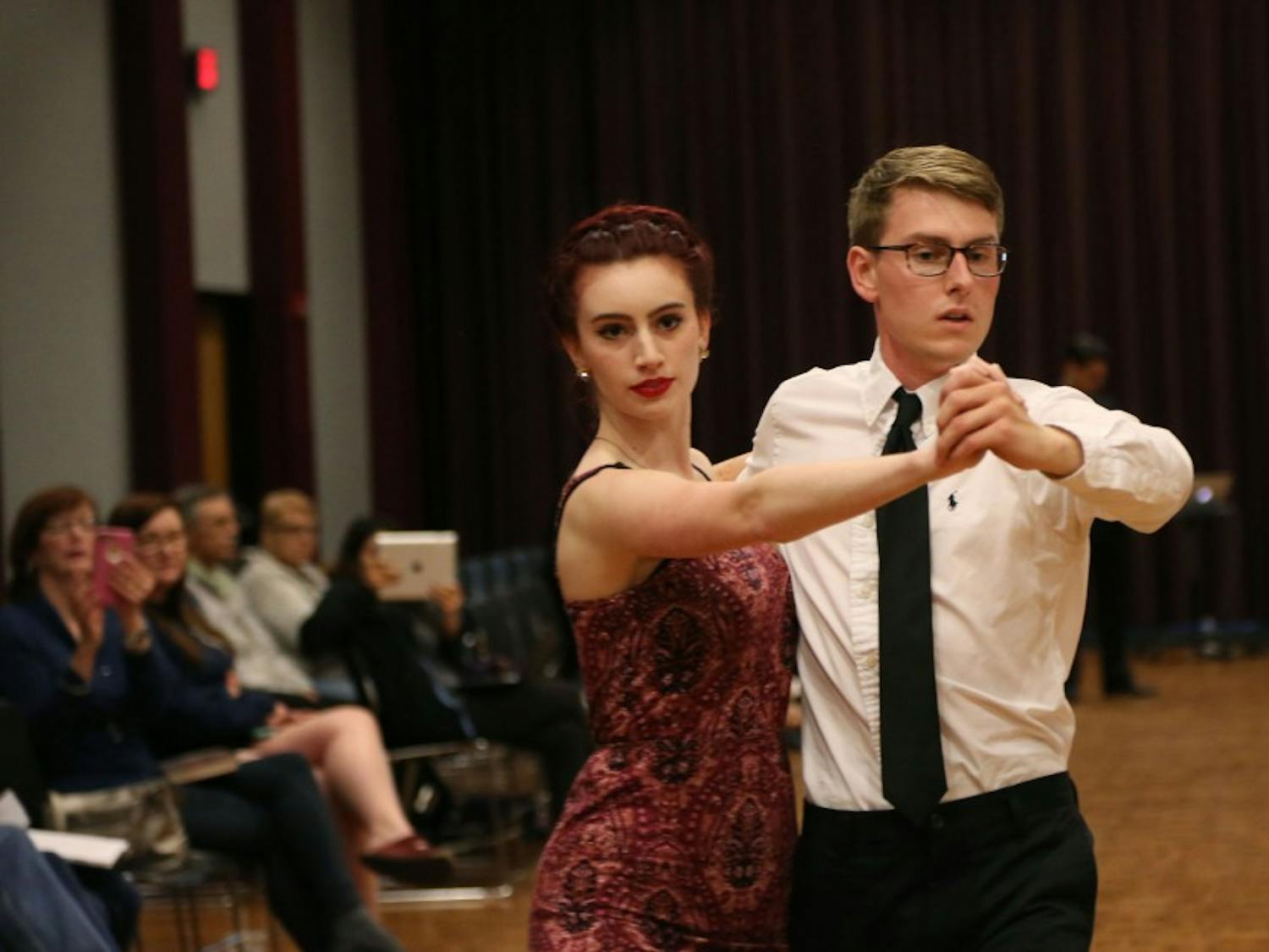 Sarah Stevens, fourth-year graphic design major, and Andrew Lopiano, fourth-year political science and English major, compete in the 13th annual Gamecock Invitational Ballroom Competition.