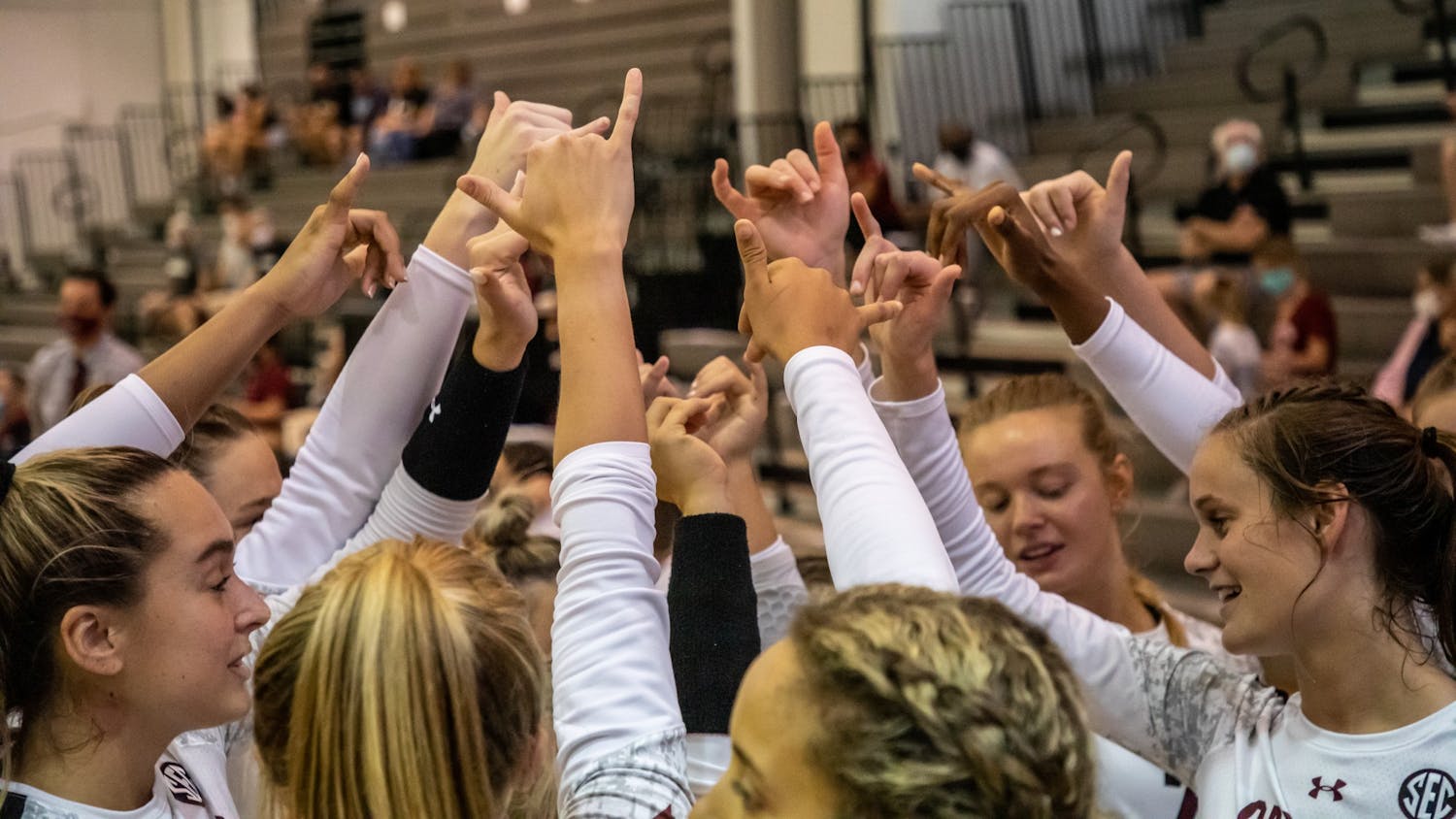 FILE— The volleyball team huddles together following their match against UCF on Sept. 3, 2021. South Carolina defeated UCF 3-1