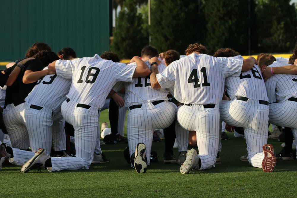 <p>FILE — The University of South Carolina baseball team circles up prior to its game against the University of Florida on April 21, 2023. The Gamecocks defeated the Gators 5-2 and ended its season with a record of 42-21.</p>