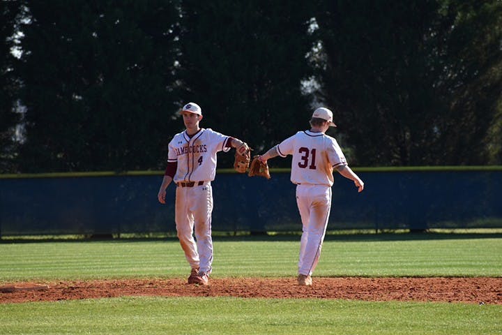 Sophomore shortstop Jake Hockett (left) and graduate student second basemen Tim Eidem (right) touch gloves in between pitches. The Gamecock club baseball team is looking for ways to adapt to Covid-19 protocols after their season was cut short last year.