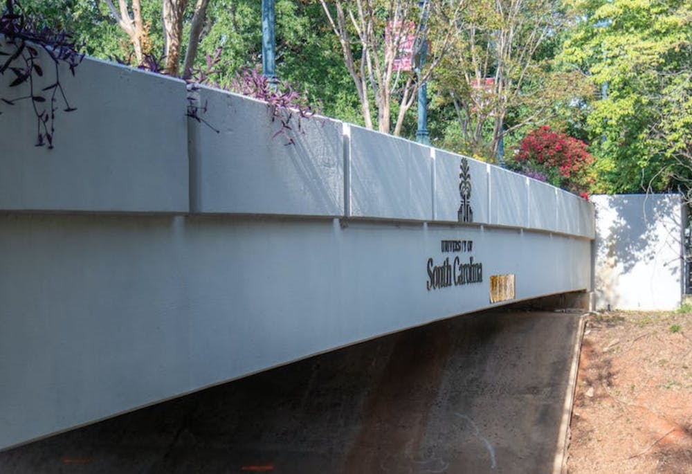 A side view of the Pickens Street Bridge. The bridge overlooks Pickens Street and connects the two parts of the UofSC campus. 