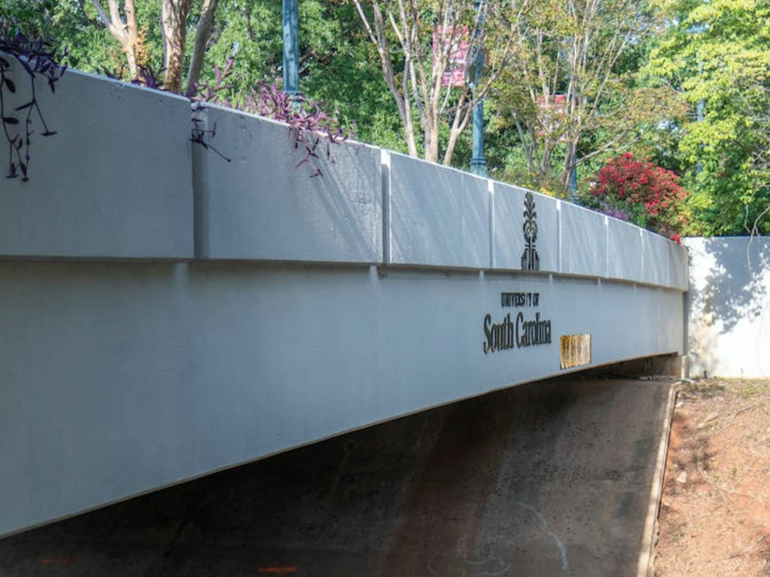 A side view of the Pickens Street Bridge. The bridge overlooks Pickens Street and connects the two parts of the UofSC campus.