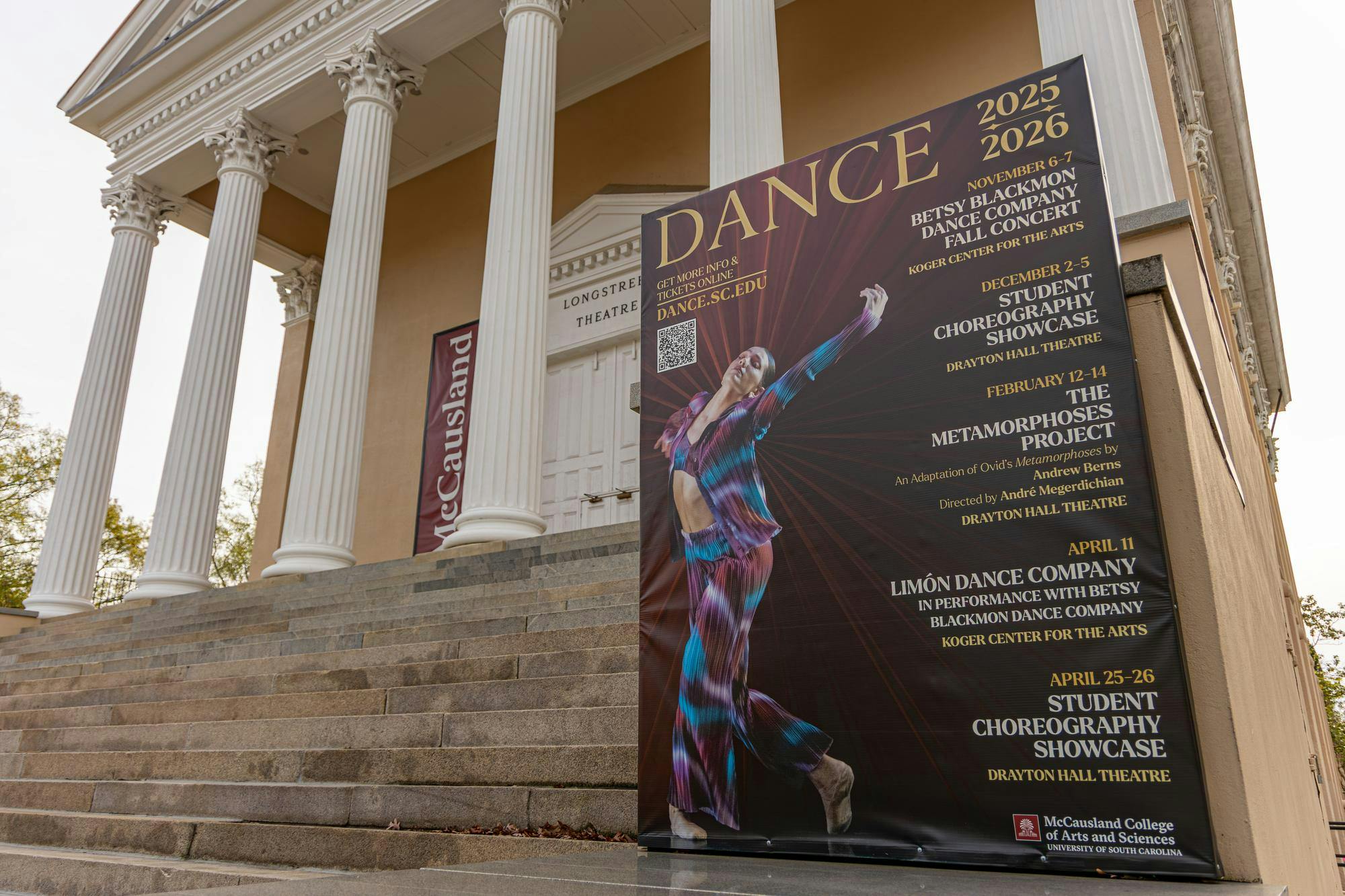The exterior of Longstreet Theatre with signage advertising the Betsy Blackmon Dance showcase. The program is recognized by Dance Magazine as one of the top non-conservatory programs in the country.