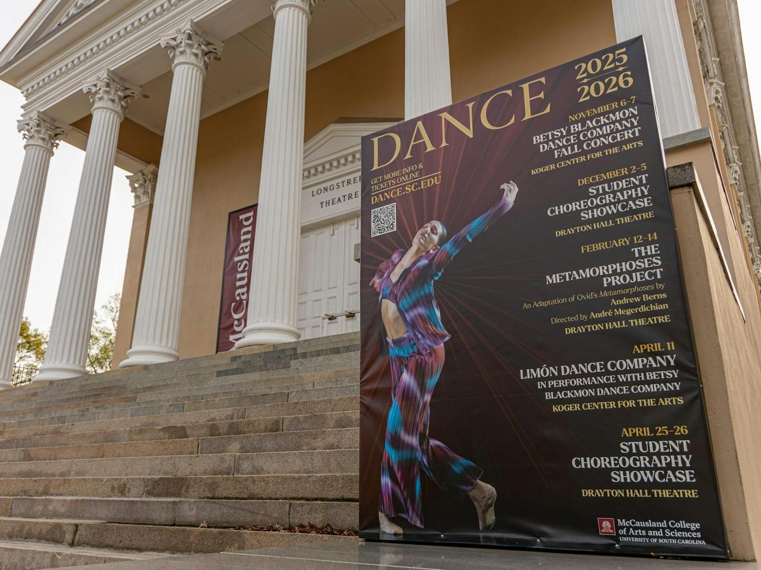 The exterior of Longstreet Theatre with signage advertising the Betsy Blackmon Dance showcase. The program is recognized by Dance Magazine as one of the top non-conservatory programs in the country.