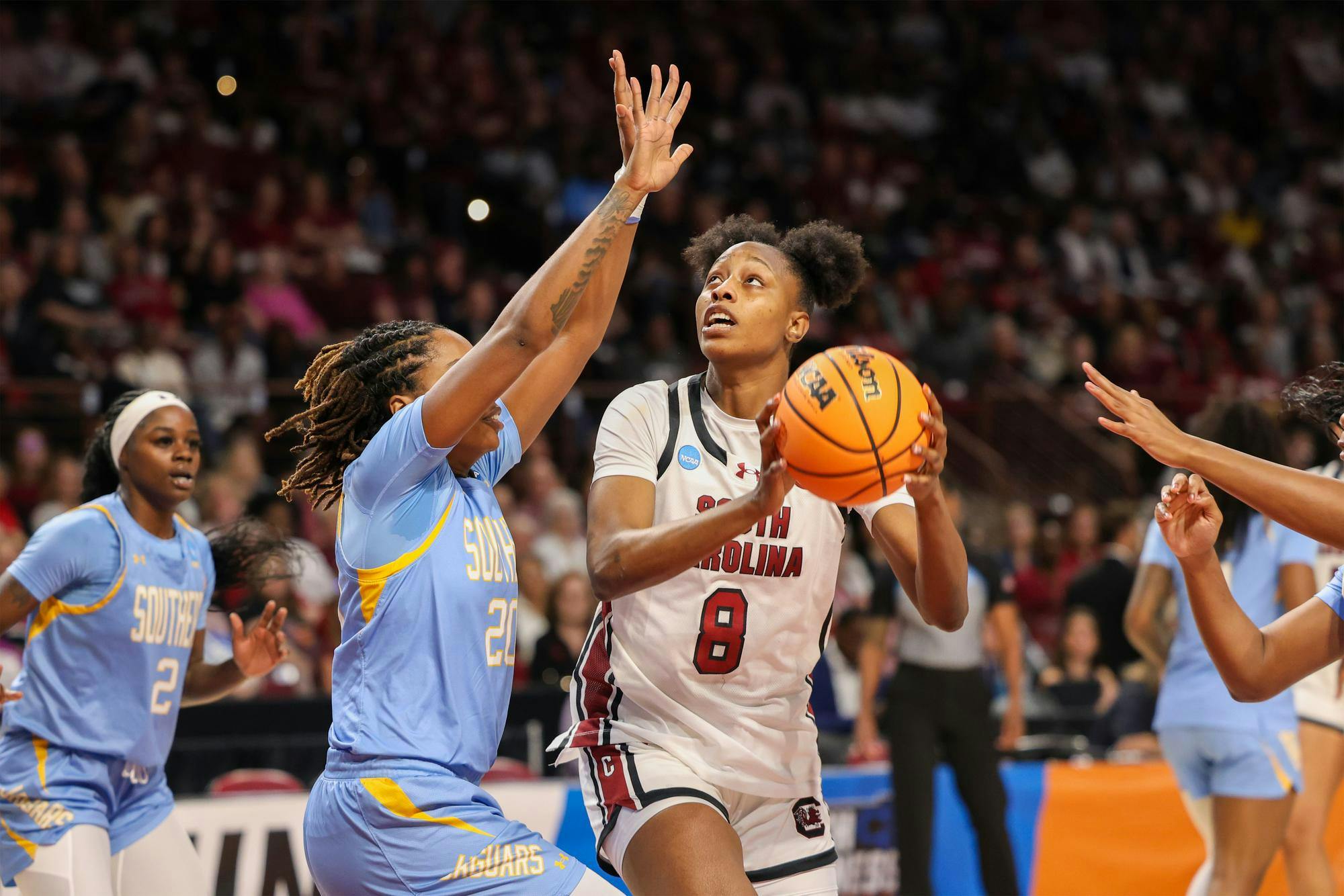 Sophomore forward Joyce Edwards fights for a layup during the first round game of the NCAA Tournament against Southern University on March 21, 2026. The Gamecocks defeated the Jaguars 103-34, advancing to the second round.