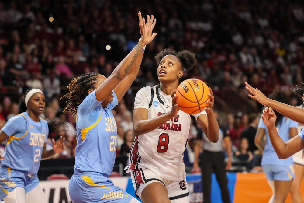 <p>Sophomore forward Joyce Edwards fights for a layup during the first round game of the NCAA Tournament against Southern University on March 21, 2026. The Gamecocks defeated the Jaguars 103-34, advancing to the second round.</p>