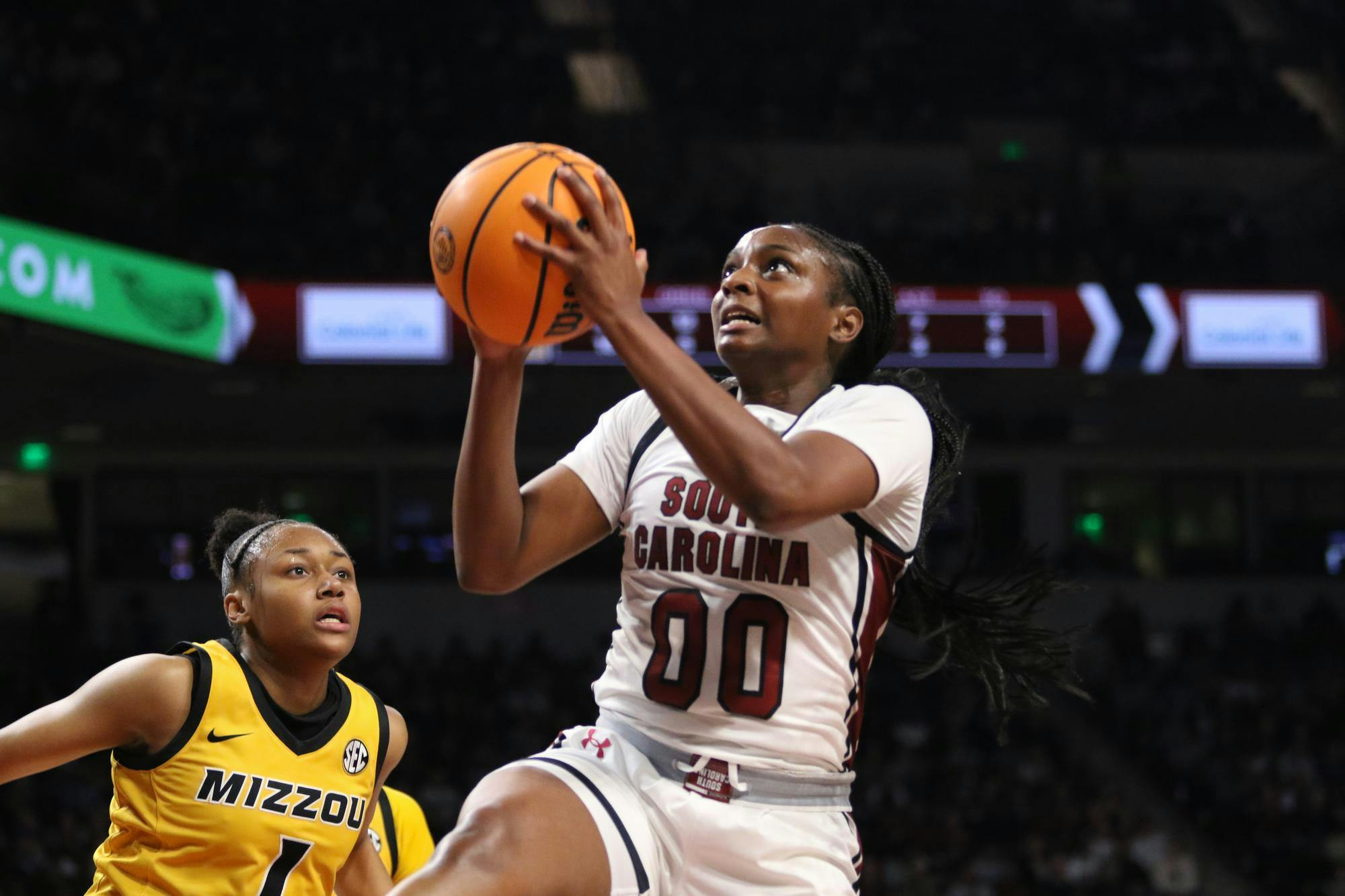 Senior guard Ta’Niya Latson drives to the basket for a layup in South Carolina’s game against Missouri on Feb. 26, 2026. Latson scored a total of 17 points for the Gamecocks, and the game ended with a final score of 112-71.