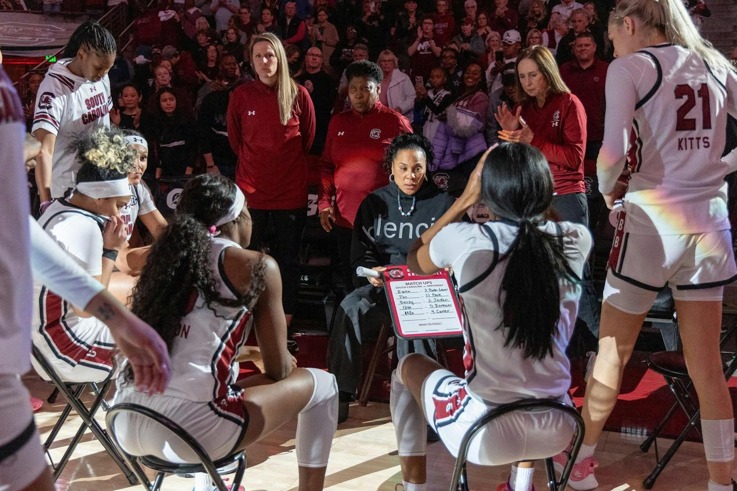 FILE — The ɫɫƵ women's basketball team huddles around head coach Dawn Staley during a timeout on Jan. 7, 2024. The team secured on Sunday afternoon its eighth tournament championship in the past decade.