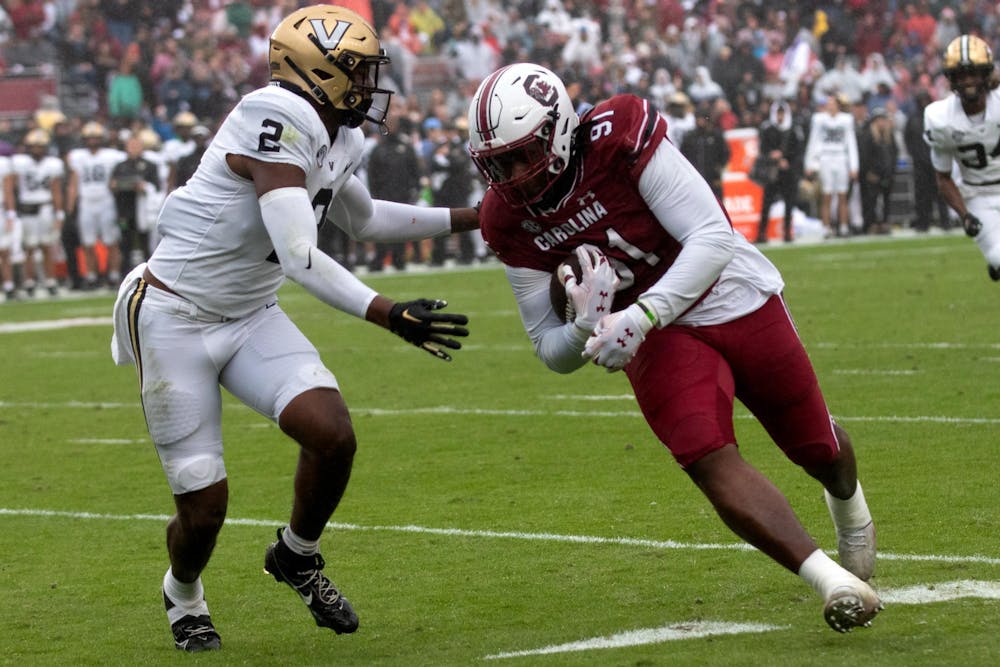 <p>FILE — Senior defensive tackle Tonka Hemingway runs with the ball during the Gamecocks' 47-6 victory over the Commodores. Hemingway totaled five tackles in the game, bringing him to 30 tackles on the season.</p>