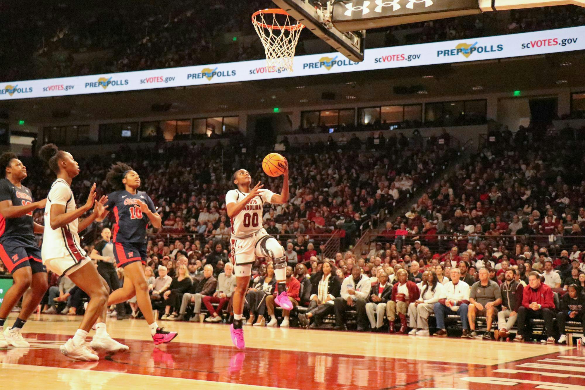 Senior guard Ta'Niya Latson jumps to shoot a basketball against Ole Miss on Feb. 22, 2026, at Colonial Life Arena. Latson scored 13 points and had three assists against the Rebels.