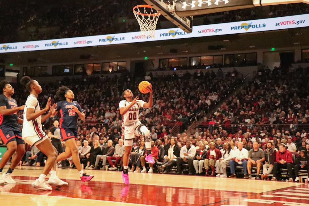 <p>Senior guard Ta'Niya Latson jumps to shoot a basketball against Ole Miss on Feb. 22, 2026, at Colonial Life Arena. Latson scored 13 points and had three assists against the Rebels.</p>