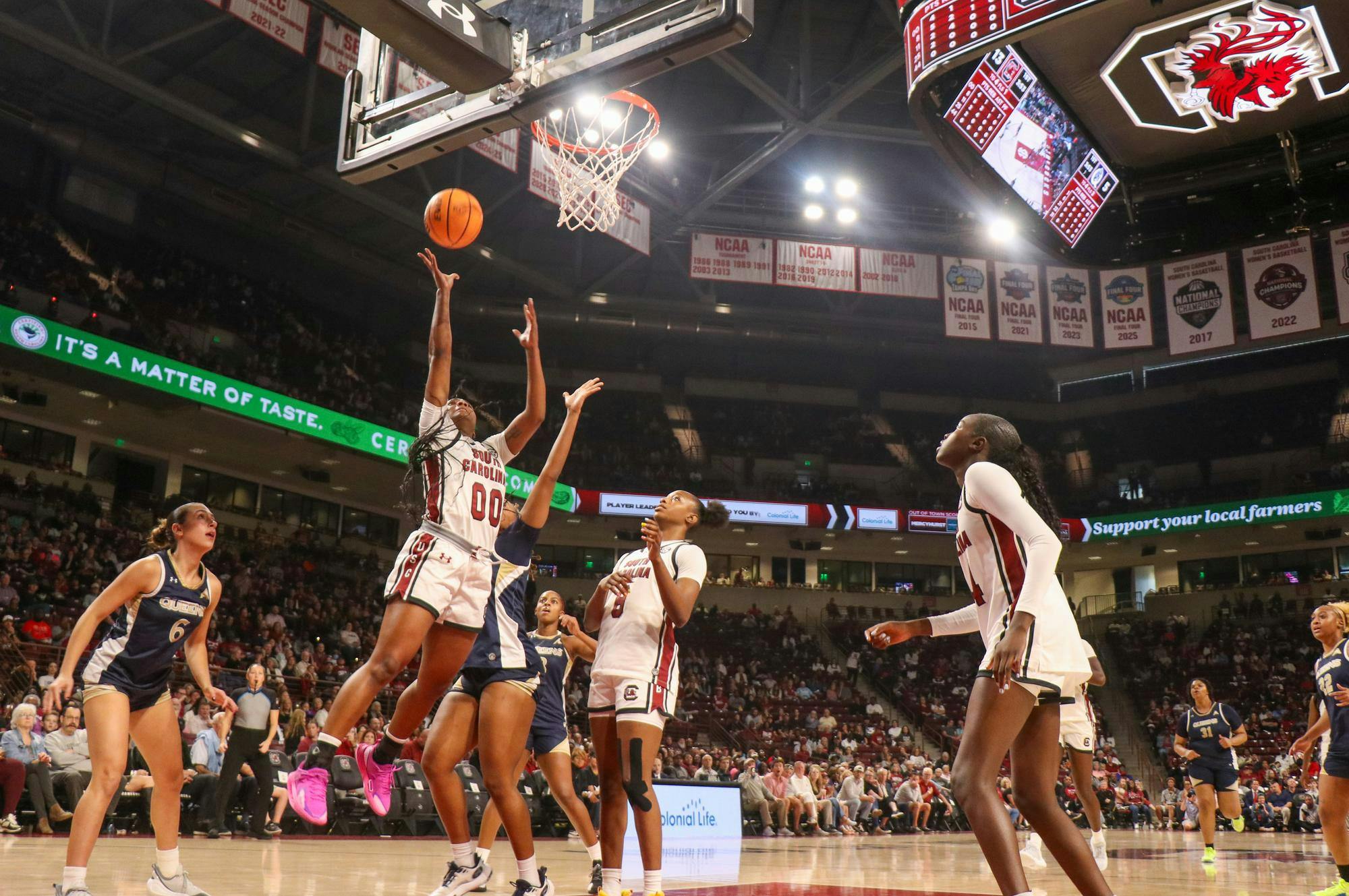 Senior guard Ta'Niya Latson jumps to shoot the ball on Nov. 23, 2025, at Colonial Life Arena. Latson scored 24 points for her third 20-point game of the season.
