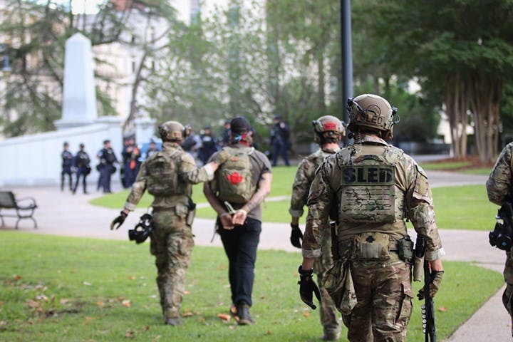 SLED arrested a medic that was peacefully protesting Monday afternoon.
