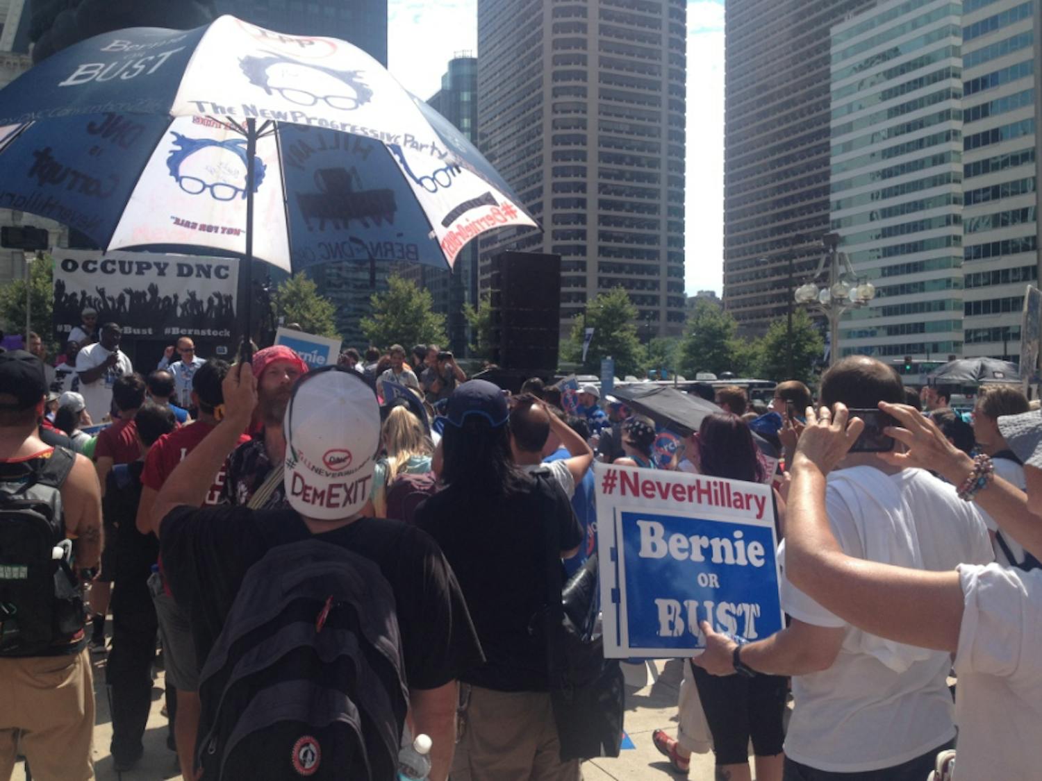 Delegates for Bernie Sanders and supporters of the Bernie or bust movement rally outside of City Hall in Philadelphia during the Democratic National Convention on July 27, 2016.