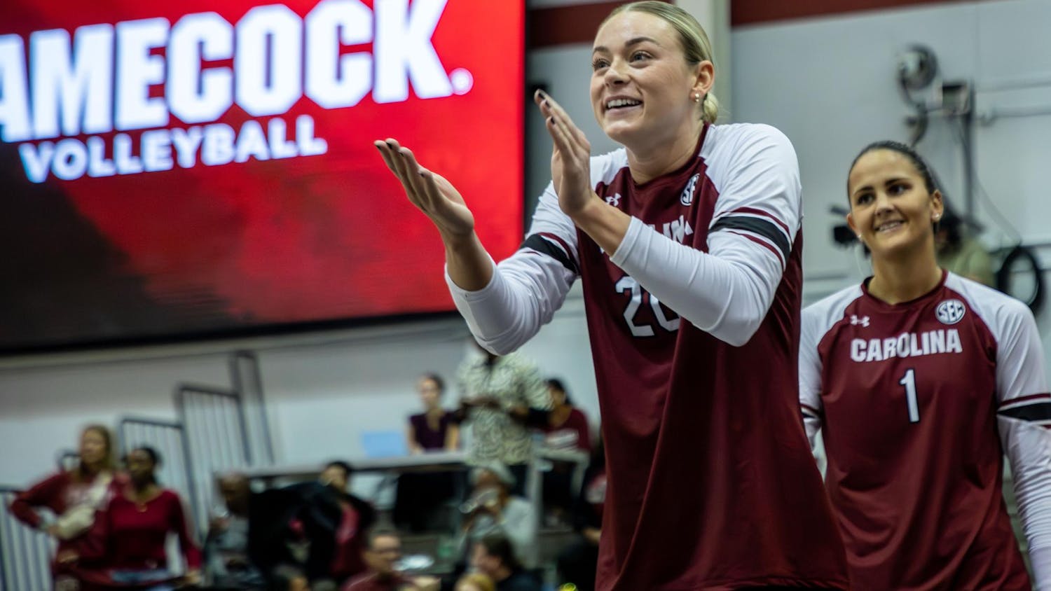 Senior outside hitter Riley Whitesides cheers on her teammates during warm-ups before South Carolina faced Ole&nbsp;Miss on Nov. 5, 2023. Whitesides is among the most well-achieved Gamecocks, being named the SEC Freshman of the Week three times and now registering over 1,000 kills in her career.