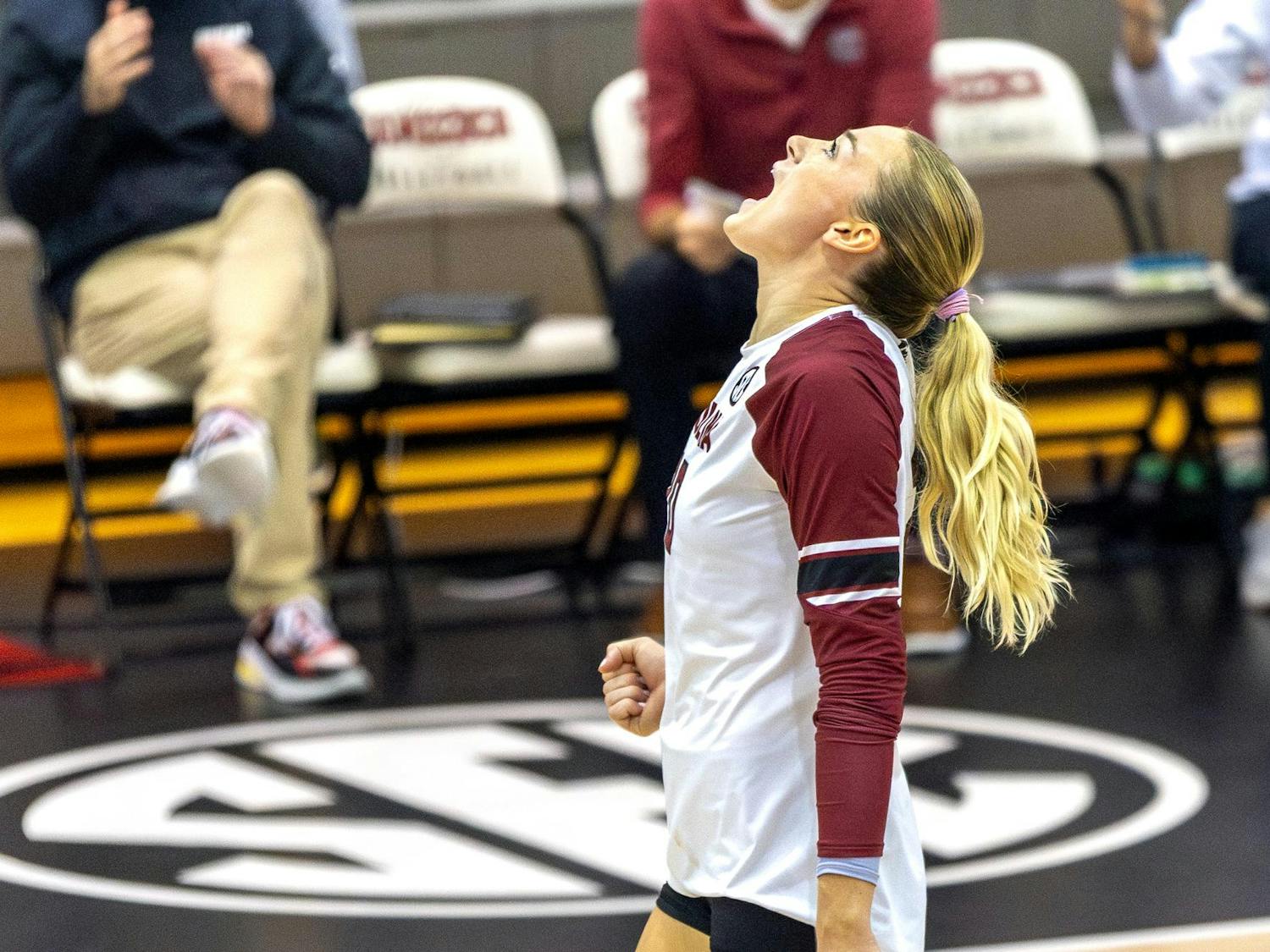 Graduate student Riley Whitesides cheers in celebration after the Gamecocks won the longest rally of the team's match against the Hatters at the Carolina Volleyball Center on Sept. 13, 2024. Whitesides totaled 18 kills for the Gamecocks during the team's 3-1 victory over Stetson.