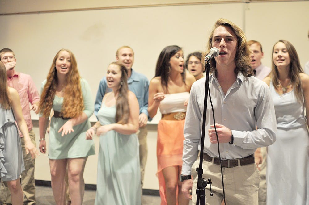 	<p>First-year student Nick Evangelista led Cockapella in a rendition of rapper Labrinth’s hit single “Earthquake,” complete with rap beats.</p>